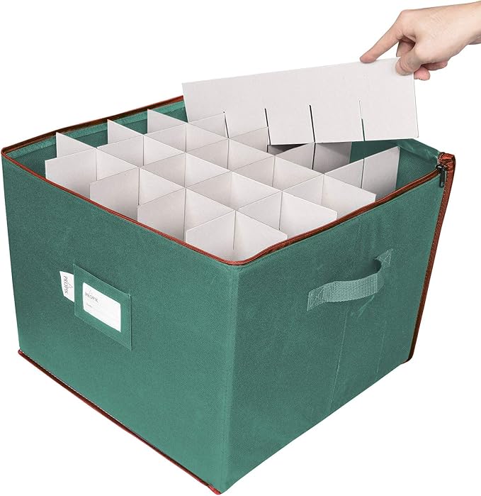 ProPik Large Christmas Ornament Storage Box, Organizer Holds Up to 75 Xmas Ornaments Balls, Holiday Decorations Accessories Storage Container with Dividers, Durable 600D Oxford (Green)