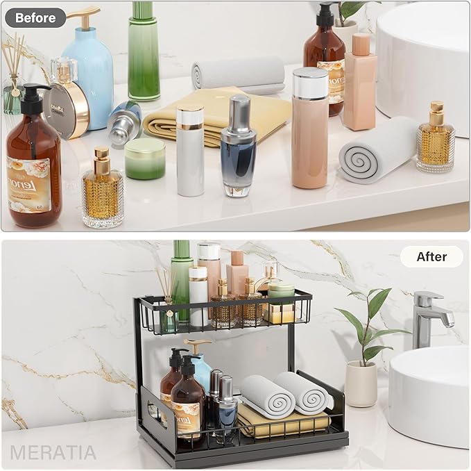 MERATIA Under Sink Organizer, 2 Tier Pull Out Cabinet Organizer,Slide out Metal Cabinet Organizers Multi-Purpose Drawer Shelf for Kitchen Bathroom Pantry Cabinet Closet Organization Rack,Black