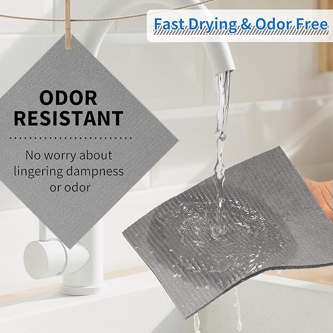 HOMERHYME Swedish Dishcloths, 10 Pack Absorbent Dish Towels for Kitchen, Multipurpose Cellulose Sponge Cloths, Reusable Washable Towels for Home & Kitchen, Grey