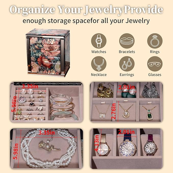 Glass Vintage Painting Jewelry Box,5-Layer Storage Case,Art Desktop Decorations Gift for Women,Jewelry Organizer For Necklaces Rings Earrings Bracelets