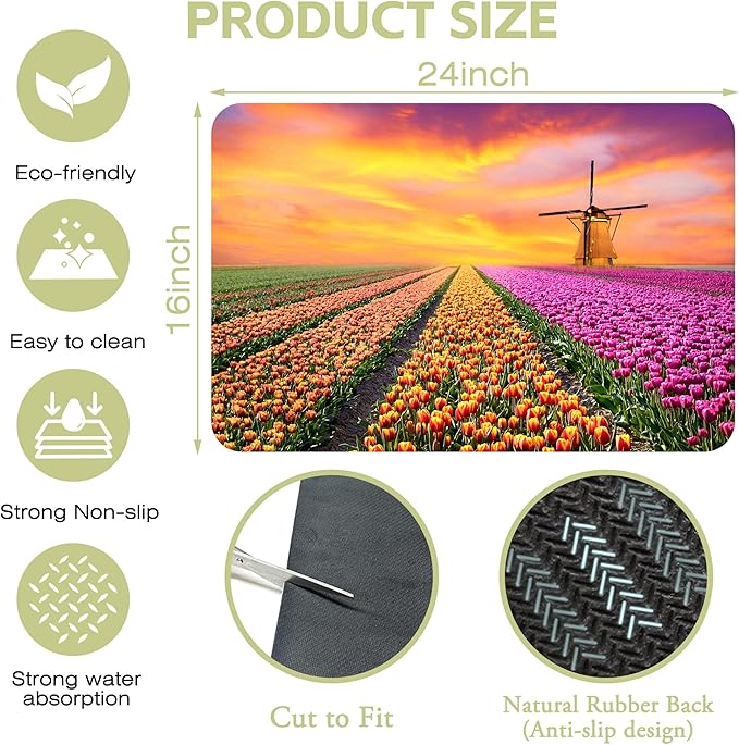 Kitchen Mat Sunrise Tulip Field Dish Drying Mat 16"x24" Bsorbent Coffee Maker Mat for Sink Dishes or Under Rack Kitchen Counter Accessories Absorbent Hide Stain Rubber Backed Dish Drying Pad