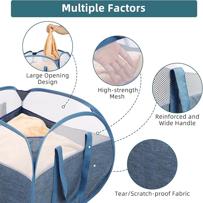 2 Pack Collapsible Laundry Baskets, 90L Large Foldable Laundry Basket, Pop Up Hampers for Laundry, Dirty Clothes Laundry Hamper for Bedroom, Bathroom, Dorm, Laundry Room, Travel or Camping Blue