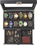 12-Slot Watch Box in PU Leather with Valet Drawer, 2-Tier Luxury Watch Case Display Organizer for Men Women, Sunglass Holder & Mens Jewelry Box With Glass Top, Ideal Gift for Watch Storage (Carbon)