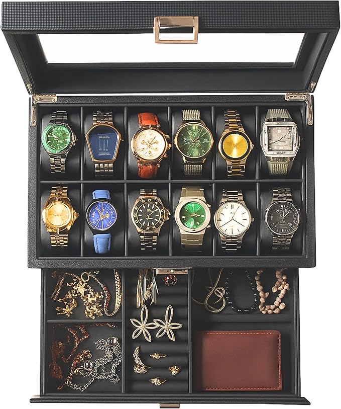 12-Slot Watch Box in PU Leather with Valet Drawer, 2-Tier Luxury Watch Case Display Organizer for Men Women, Sunglass Holder & Mens Jewelry Box With Glass Top, Ideal Gift for Watch Storage (Carbon)