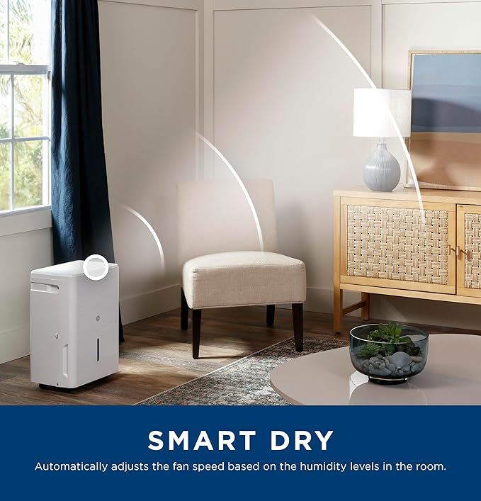 GE Smart Portable Dehumidifier w/WiFi for Basement, Bedroom, Bathroom, Garage, Large Rooms up to 4500 Sq Ft, 50Pint w/Removable Bucket & Continuous Drain Connect for Auto/Manual Drainage