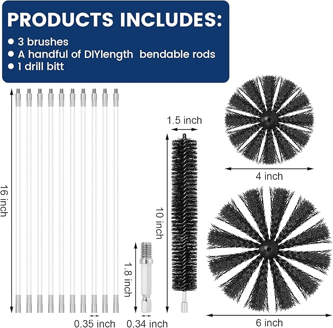 HOKLNUSE Dryer Vent Cleaner Kit Ducts Cleaning Kit for Dryer Air Duct HVAC Vent Fireplace Chimney Pellet Stove Gutter Downspout Dryer Vent Lint Removers with 1.5" 4" 6" Brush Heads (25 Feet)