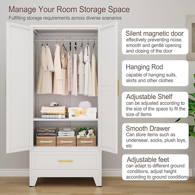 71" H Metal Armoire Wardrobe Closet with Mirror,Household Steel Wardrobe Cabinet with Drawers,Clothing Storage Wardrobe Cabinet with Adjustable Shelves and Hanging Rod for Bedroom（White）