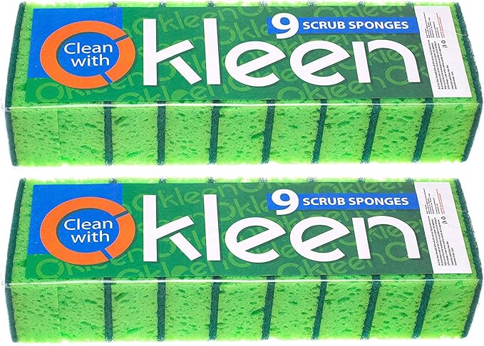Okleen Green Multi Use Scrub Sponge. Made in Europe. 18 Pk, 4.3x2.8x1.4 inches. Odorless Heavy Duty and Non Scratch Fiber. Thick, Durable and Delicate Scrubber for Pans, Bowls, Jars, Sink, Floor