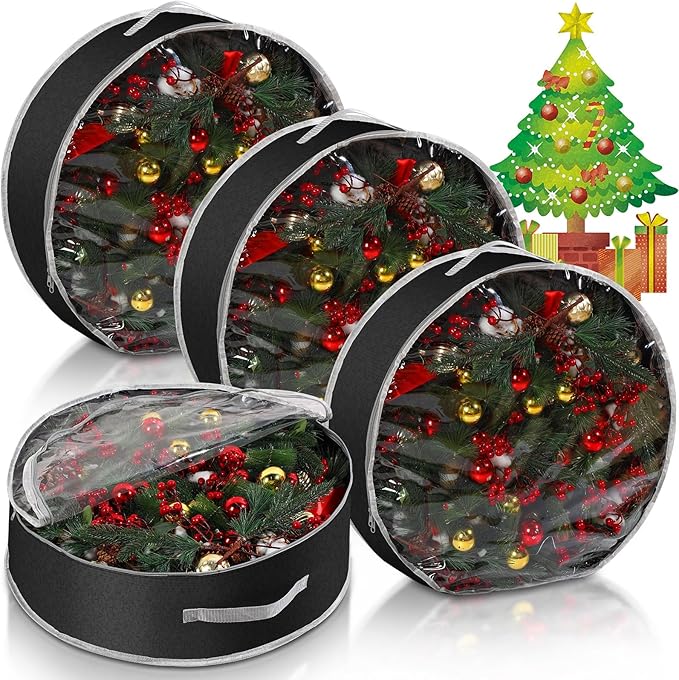 Aliceset 4 Pack Wreath Storage Containers, Christmas Ornament Garland Wreath Storage Bags with Handle Dual Zipper Large Decorative Storages Box for Winter Wreaths(24 x 24 x 7.8 Inch,Black)