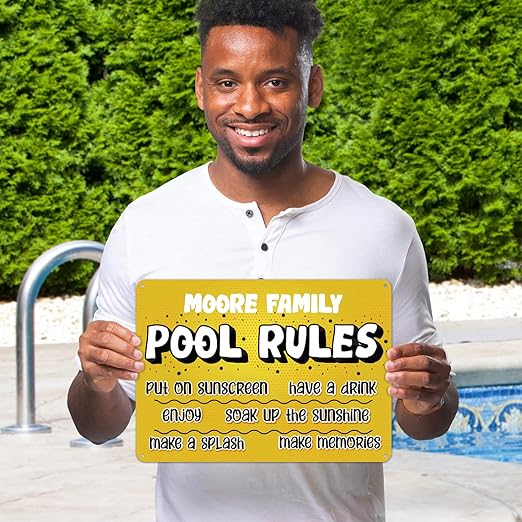 Custom Pool Sign, Pool Rules Put On Sunscreen For Pool Décor Sign, 10x14 Inches, Rust Free .040 Aluminum, Fade Resistant, Made in USA by Sigo Signs