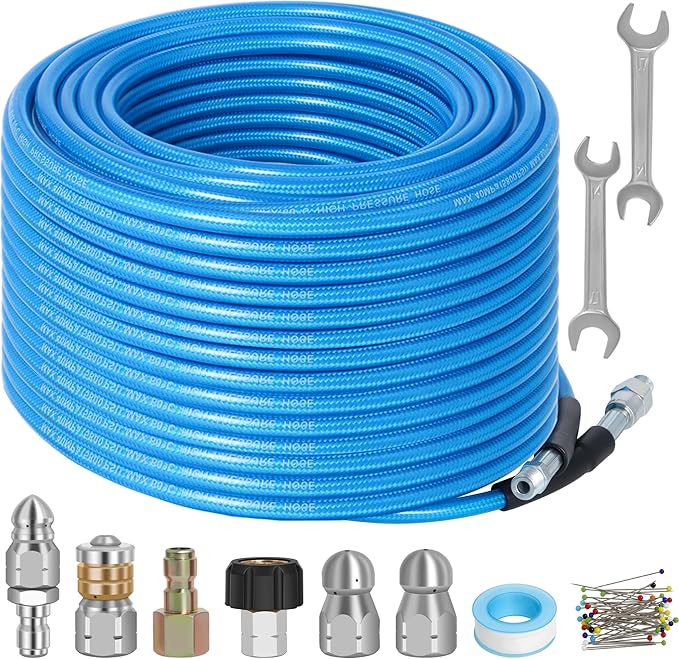 100 FT Sewer Jetter Kit for Pressure Washer, 5800PSI Water Jet Drain Cleaner Hose, 1/4 Inch NPT Corner with 4 Sewer Jetting Nozzles, Pearl Corsage Pin, Waterproof Tape, Handle Strap&2 Spanner (Blue)