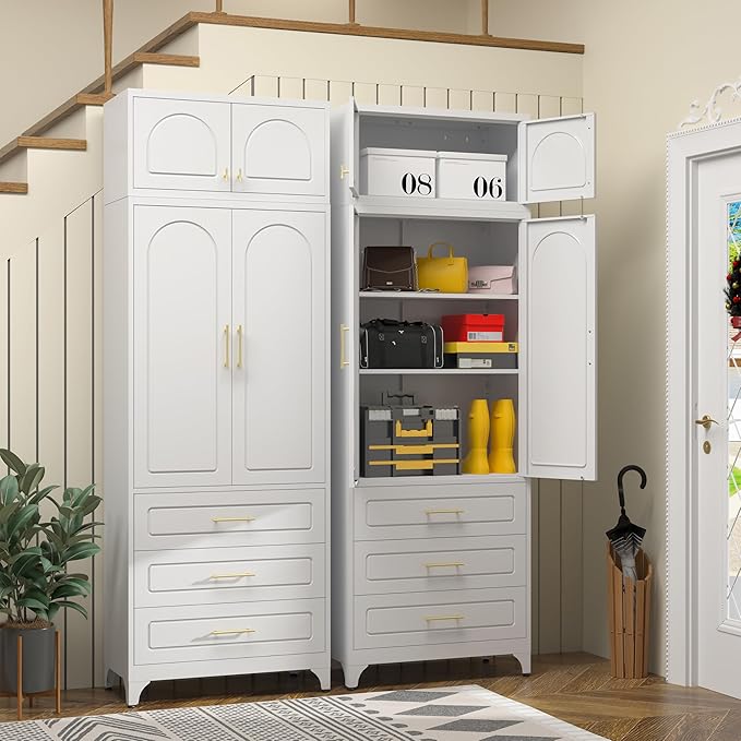 Metal Storage Cabinet with Doors and Shelves, 90" Tall Kitchen Pantry Storage Cabinets with 3 Drawer, White Pantry Closet, Steel Large Cupboard, High Leveling Feet- Assembly Required