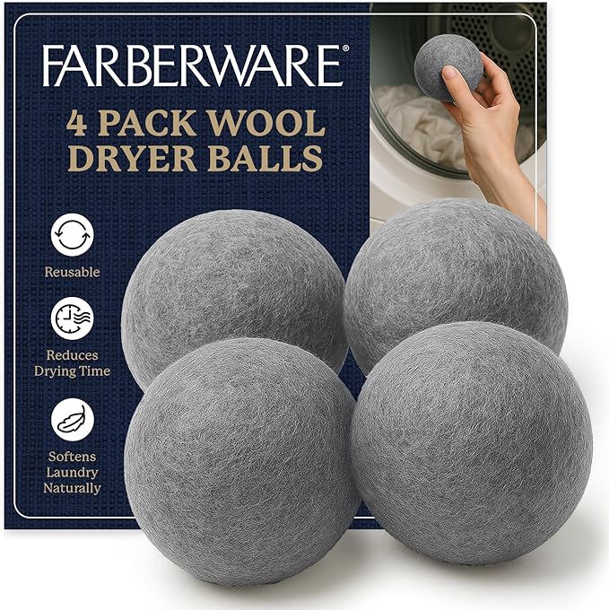 Farberware Wool Dryer Balls 4 Pack – Reusable 100% Wool Balls for Dryer – Natural Fabric Softener for Laundry, Towels & Bedding, Replaces Fabric Sheets & Liquid Softeners