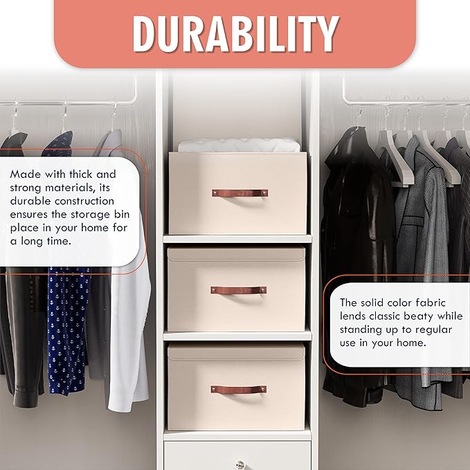 Ornavo Home 6 Pack Collapsible Storage Bins with Lid, Foldable Linen Fabric Shelf Storage Basket Closet Organizer and Large Storage Box for Clothes with Leather Handles, 16.5 x 11.8 x 7.5, Beige