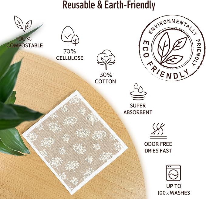 Augine Swedish Dishcloths for Kitchen, 5 Pack Reusable Paper Towels Washable, Super Absorbent Swedish Dish Cloths, Non-Scratch, Biodegradable