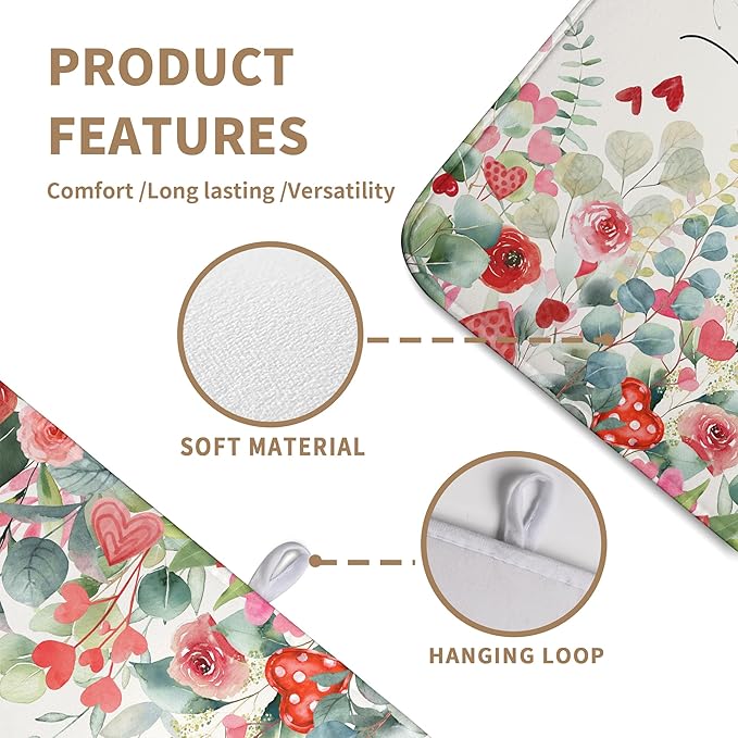 Wnoesat Valentines Day Love Heart Rose Eucalyptus Leaves Dish Drying Mat for Kitchen Counter 18x24 Inch Spring Valentine Microfiber Absorbent Dish Drainer Mats Reversible Drying Pad