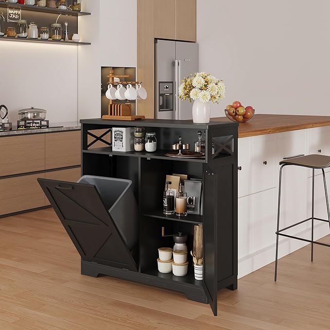 Tilt Out Trash Can Cabinet for 13 * 1 Gallon Trash Can, Farmhouse Kitchen Island Cabinet with Adjustable Shelf for Hidden Laundry Basket, Dog Proof Garbage Can for Dining Living Room, Black