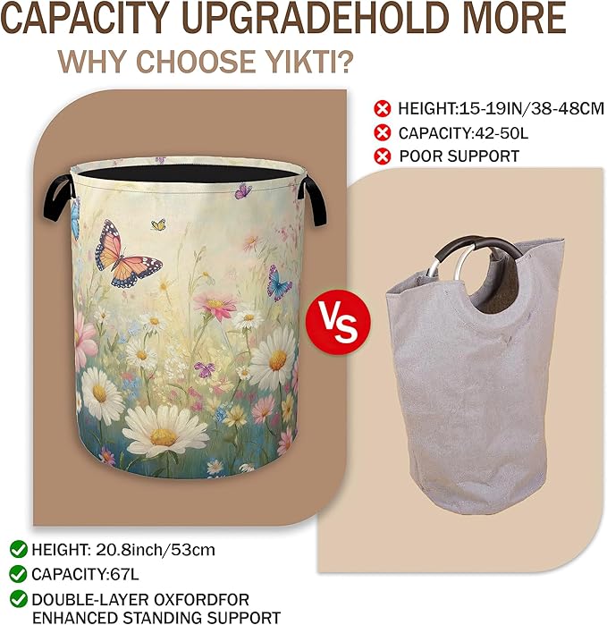 Spring Flowers Laundry Hamper,Watercolor Garden Wildflower Butterfly Collapsible Laundry Baskets,Waterproof Oxford Cloth Laundry Room Organization for Bedroom,Bathroom,Nursery,16x20 Inch