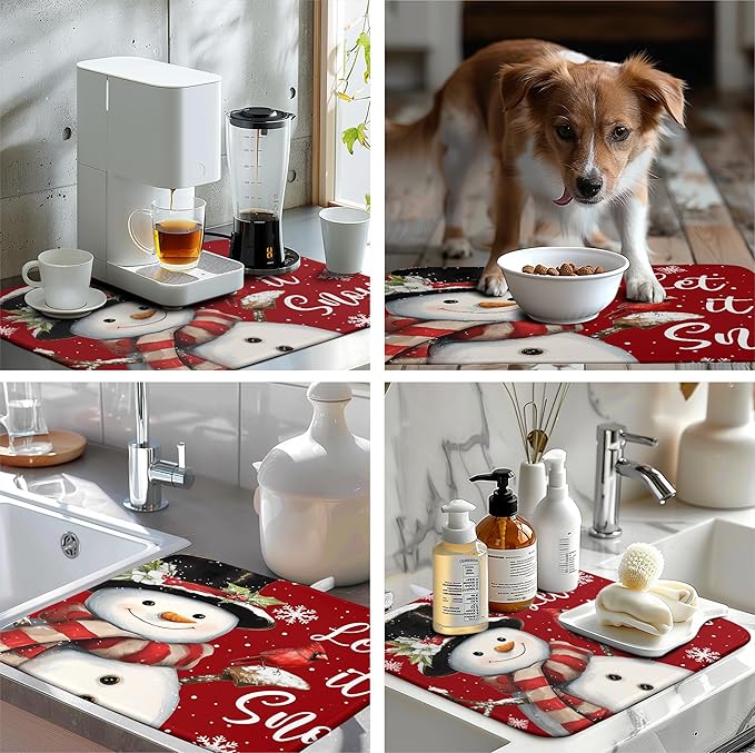 Wnoesat Snowman Christmas Dish Drying Mat Winter Drying Mats for Kitchen Counter Xmas Holiday Red Dish Draining Mat Microfiber Absorbent Reusable Dish Rack Pad 18x24 Inch