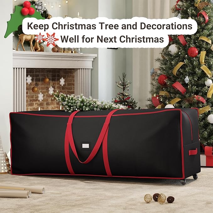 ELYKEN Christmas Tree Storage Bag with Wheels, Rolling Storage Bag for Artificial Christmas Tree and Decorations, Heavy Duty 600D Oxford Fabric, Length-Adjustable Handles, 16x20x64in, Black