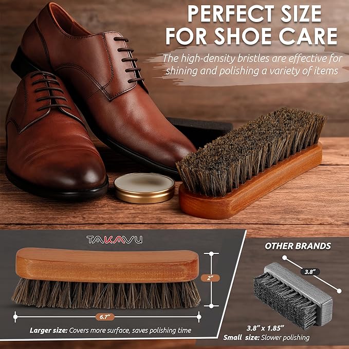 6.7" Horsehair Shoe Shine Brush - 100% Soft Genuine Horse Hair Bristles - Unique Concave Design Wood Handle - Comfortable Grip, Anti Slip - for Boots, Shoes & Other Leather Care (#1)