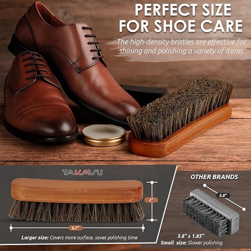6.7" Horsehair Shoe Shine Brush - 100% Soft Genuine Horse Hair Bristles - Unique Concave Design Wood Handle - Comfortable Grip, Anti Slip - for Boots, Shoes & Other Leather Care (#1)