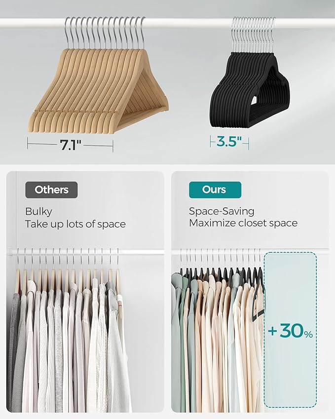 SONGMICS Velvet Hangers 30 Pack, Non-Slip Clothes Hangers with Shoulder Notches, Pants Bar, 360° Swivel Hook, Space-Saving, for Closet, Ink Black UCRF029B03