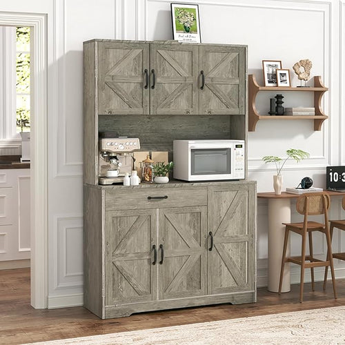 71" Pantry Cabinet with Charging Station, Large Capacity Kitchen Hutch Storage Cabinet, Kitchen Cabinet with Microwave Stand, Storage Drawers & Adjustable Shelves for Dining Room, Grey