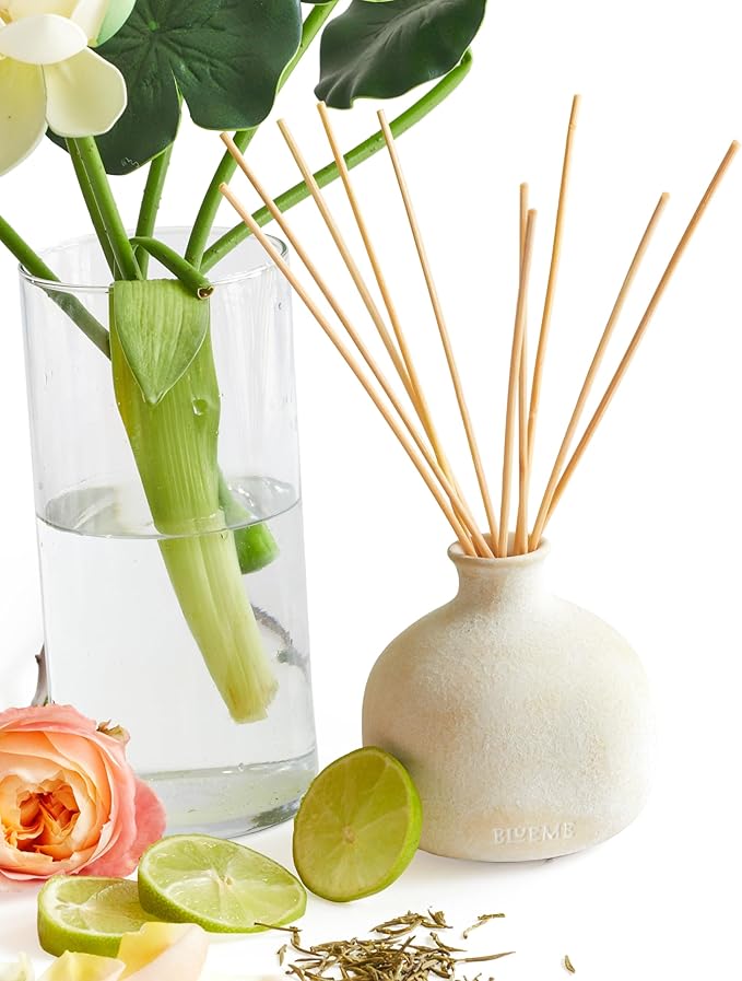 Blueme Balance Diffuser | White Lotus & Tea | 5.92 Fl Oz - Refillable Wellness Diffuser, Contains Essential Oil, Sustainable, Hand Finished, Premium, Luxury Ceramic, Natural Rattan Reeds, | Small