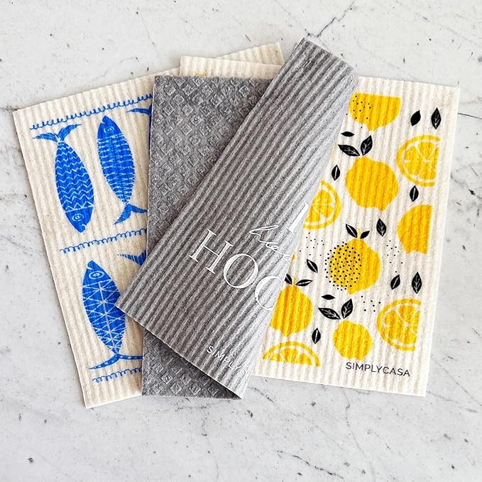 SIMPLYCASA 8 Pack Reusable Swedish Dishcloth, for Kitchen and Household Use, Super Absorbency, Made in Sweden, Cellulose Sponge Dish Cloths, Paper Towel Replacement, Plastic-Free Packaging