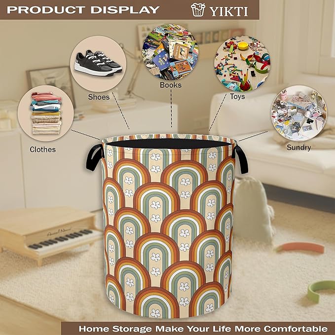 Collapsible Laundry Basket,Boho Rainbow Dirty Clothes Hamper,70s Groovy Flowers Hampers for Bedroom Waterproof Oxford Cloth Storage Organizer for Bathroom,Nursery,Dorm,16x20 Inch