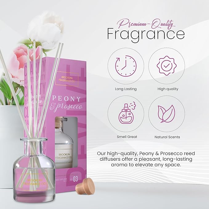 Brooklyn Fragrance Co. Aroma Diffuser - Long Lasting Premium Fragrance - Air Fresheners for Home Peony & Prosecco Scents- Fragrance Diffuser for a Large Room - 100ML