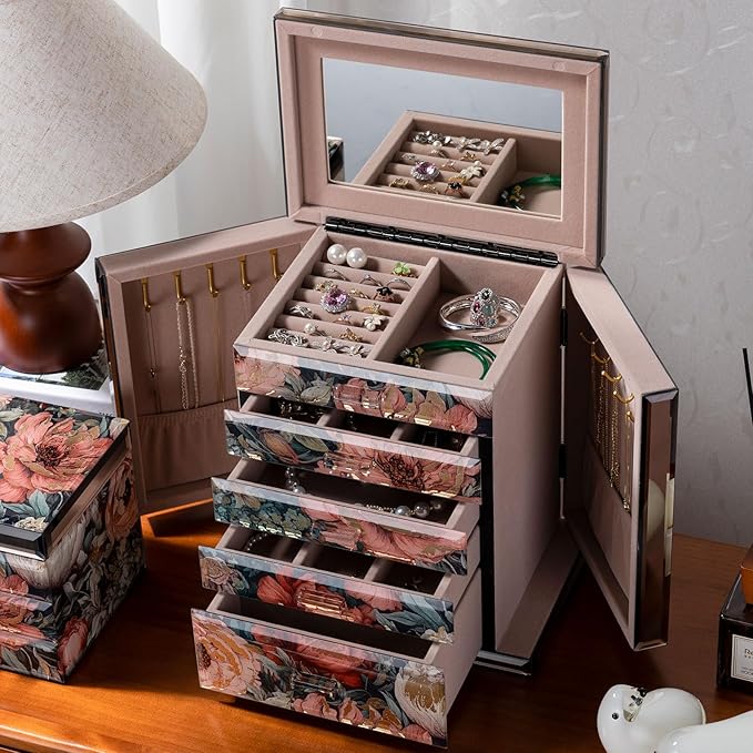 Glass Vintage Painting Jewelry Box,5-Layer Storage Case,Art Desktop Decorations Gift for Women,Jewelry Organizer For Necklaces Rings Earrings Bracelets
