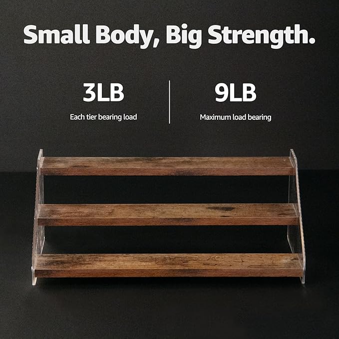 nianfeng Tiered Spice Rack, 3-Tier Spice Pantry Kitchen Cabinet Organizer, 12-Inch, Natural Wood Acrylic Stair Riser Stand, Countertop Seasoning Shelf (Rustic Brown)