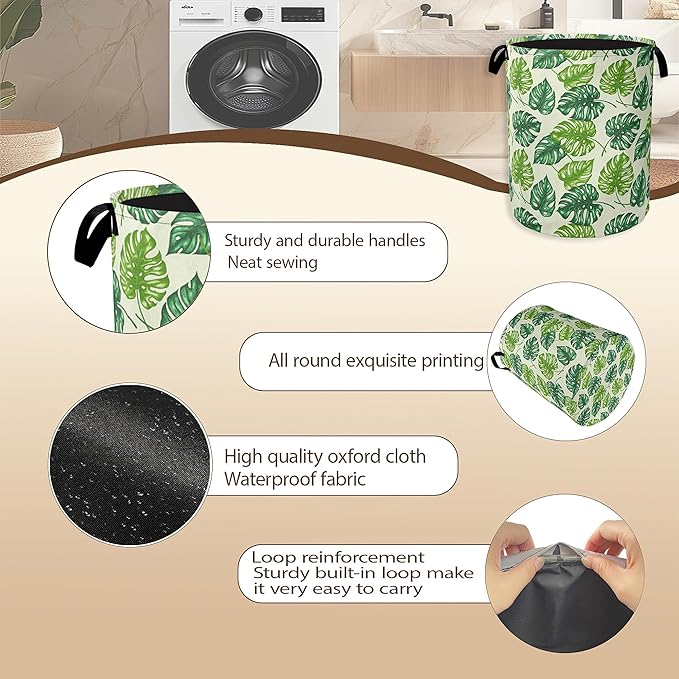 Collapsible Laundry Basket,Tropical Palm Leaves Dirty Clothes Hamper,Green Leaf Hampers for Bedroom Waterproof Oxford Cloth Storage Organizer for Bathroom,Nursery,Dorm,16x20 Inch