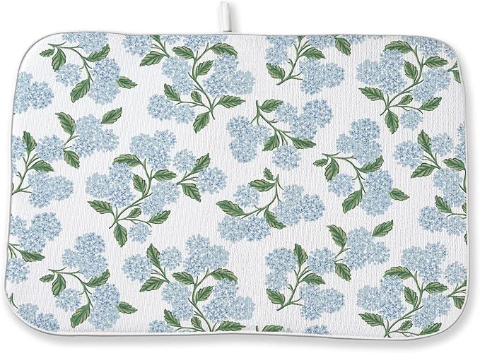 Blue Sage Green Floral Dish Drying Mat 18 x 24 Inch Spring Hydrangea Floral Drying Mat for Kitchen Counter Absorbent Summer Flowers Dishes Dry Pad for Drainer Rack Kitchen Fast Dry