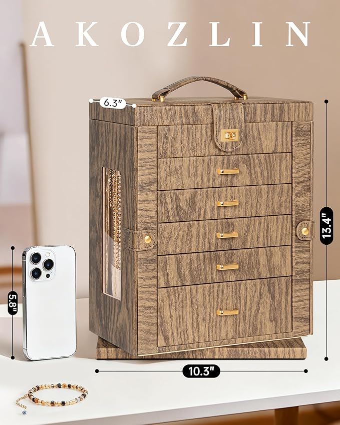 AKOZLIN 360° Rotating Jewelry Box Extra Large 6-Tier Organizer Functional Jewelry Storage Case for Women Girls Ring Necklace Earring Bracelet Holder with Mirror Color Wood Grain