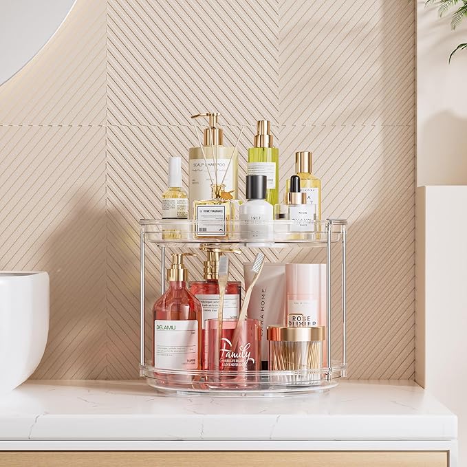 LazySpin 2 Tier Lazy Susan Organizer, 9.25'' Lazy Susan Turntable for Cabinet, Stackable Turntable Organizer Rotating Spice Rack Organization for Kitchen Countertop, Pantry, Bathroom, Clear