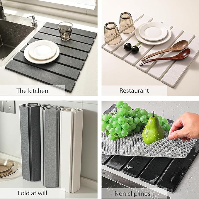 Stone Drying Mat for Kitchen Counter, Stone Dish Drying Mat Foldable, Super Absorbent Diatomaceous Earth Quick-drying Draining Mat for any Kitchen Countertop (Dark Gray B, 23.6”x15.4”)