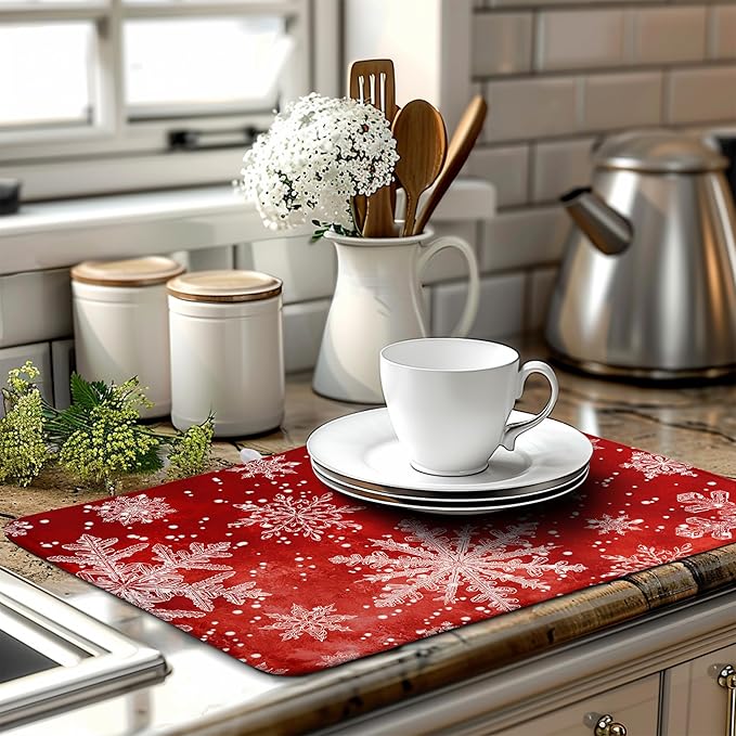 Christmas Dish Drying Mat for Kitchen Counter 18x24 Inch Red Snowflake Xmas Drying Pad Winter Holiday Dish Draining Mat Absorbent Microfiber Dish Drainer Rack Mat for Coffee Bar Kitchen