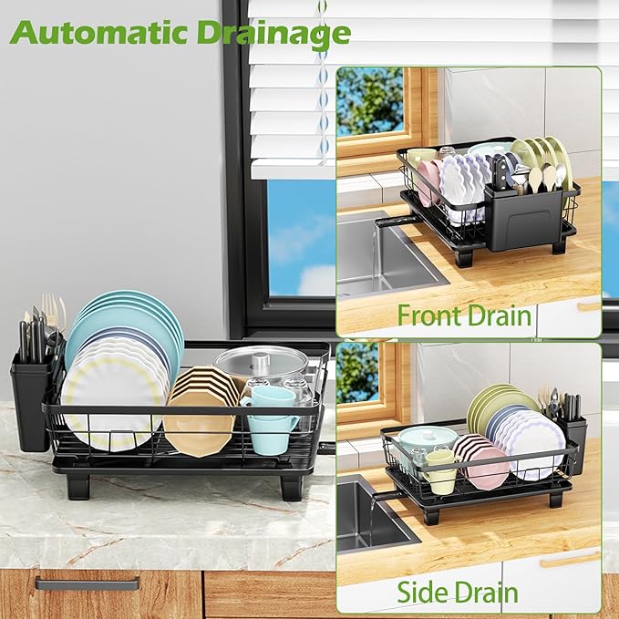 BULIJUJU Small Dish Drying Rack, Space Saving Dish Racks for Kitchen Counter, Kitchen Organizer Dish Drainer with Cutlery Holder for Spoons and Forks, 11''W x 15''L, Black
