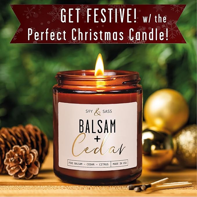 Balsam Candle, Christmas Candles Scented - 'Balsam + Cedar' Soy Candle, w/Balsam Fir, Cedar & Citrus - Infused with Essential Oils I Balsam Fir Candles I 9oz, 50Hr, Made in USA