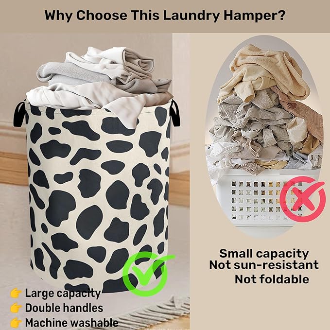 Cow Pattern Laundry Basket with Handles - Extra Large Foldable Hamper for Bathroom/Laundry/Bedroom/Dorm, Washable Fabric Storage Bin