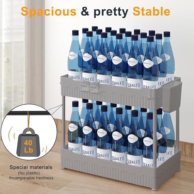 Sevenblue 2 Pack Under Sink Organizer, Under Bathroom Cabinet Organizer with Hooks Hanging Cup, Multi-Purpose Storage Shelf for Kitchen Bathroom (Gray, L)
