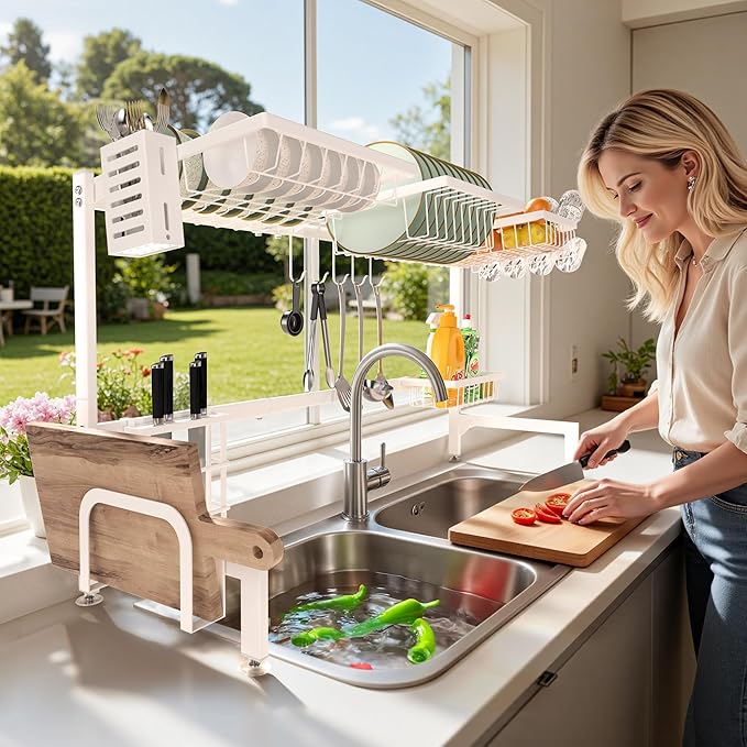 HOTEAGLE Over The Sink Dish Drying Rack 2 Tier Large Extensible Dish Drainer Rack Kitchen Sink Organizer, 25.6"-39.4" L x 12.4" W x 20.5" H, White