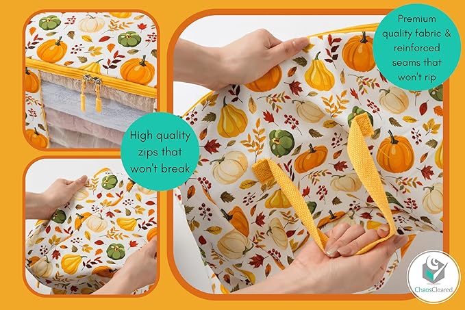 Canvas Storage Bags Designer Organizer 2 Pack – Seasonal Storage for Sweaters, Blankets, Linens & Garments – Foldable Design with Zip & Window, Moth-Proof Space Saver, Pumpkin Print