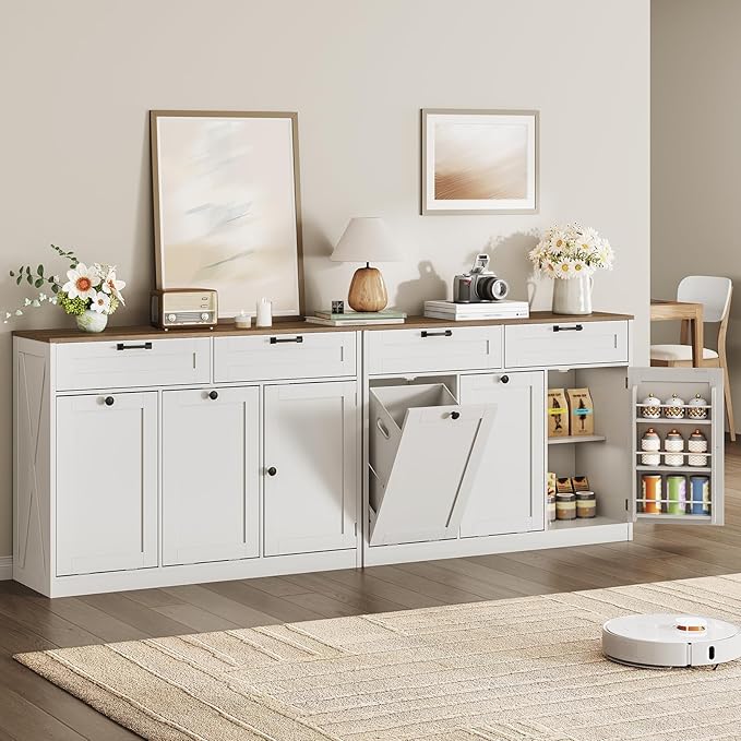 Double Tilt Out Laundry Hamper Cabinet, 43.3" Laundry Storage Cabinet with 2 Removable Baskets, Farmhouse Wooden Hidden Trash Bin Cabinet with Open Shelving, for Bathroom, White and Walnut
