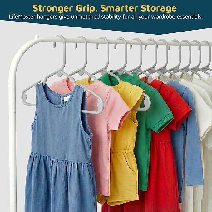Lifemaster Plastic Kids Clothes Hangers – Children Clothes Hanger with Shoulder Notch, 11.6 Inch Space-Saving Closet Organizer for Baby, Toddler, and Kids Clothing, Hold Up to 5 lbs, Pack of 50, Gray
