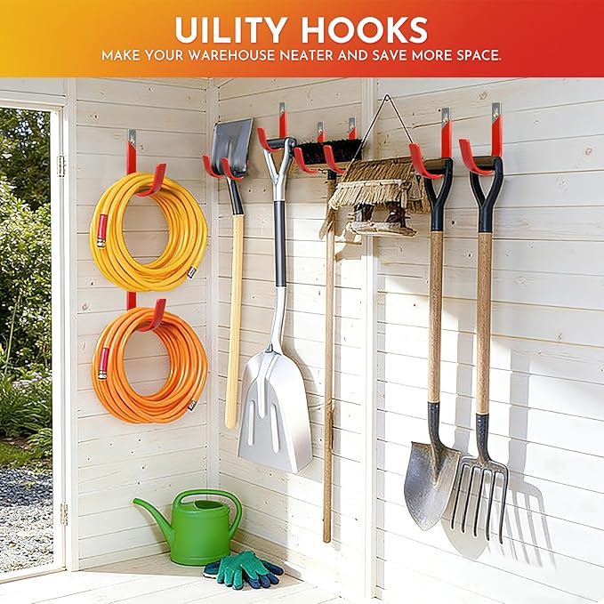 Heavy Duty Metal Garage Hooks Wall Mount 2 Pack, Garage Hanger Utility Storage Hooks for Outside, Hose Rack Suitable for Garage,Garden and Yard,Red
