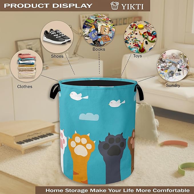 Cute Cat Paws Laundry Basket,Cartoon Birds Clothes Hamper,Oxford Cloth Collapsible Nursery Hamper Storage Organization for Bedroom,Bathroom,Office,College Dorms,16x20 Inch